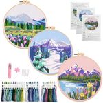 Myfelicity Embroidery kit, 3 Sets of Landscape Pattern Embroidery Materials, Including Patterned Embroidery Cloth, Embroidery Thread, Needle and Hoop Tools