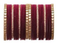 T4 Jewels 18k Gold Plated Zircon Stones And Beads Studded Fashion Jewellery Metal Bangles Set For Women & Girls_Maroon_2.8