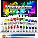 Acrylic Paint Set of 12 Vibrant Colours, Perfect for Painting Wood, Canvas, Paper and Rock Paint Rich Pigments Lasting Quality for Beginners, Students & Professional Artist