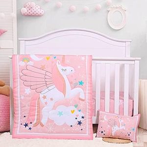 Crib Bedding Set for Girls - Pink Baby Nursery Bedding Sets - 3 Pieces Crib Quilt Fitted Crib Sheet Toddler Pillowcase Soft Star Printed Baby Bedding Set