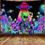 Cool Alien Tapestry, Trippy Mushroom UFO Space Tapestries for Men Boys, Funny Alien Smoking Marijuana Leaf Weed stoner tapestry, Psychedelic Neon Galaxy Space Tapestry Wall Hanging Posters, 40X30IN