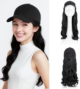 SEGO Hat Wig, Hat with Hair Attached for Women Black Baseball Cap with Hair Extensions, Long Wavy Baseball Cap Wig Adjustable Hats for Daily Party #1