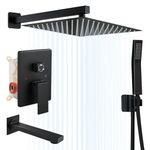 ROVOGO Concealed Shower System with 3-Way Diverter, 25 x 25 cm Overhead Rain Shower Head, Hand Shower and Bathtub Spout, All Metal Shower Mixer Tap Set Wall Mounted, Brass & Stainless Steel 304, Black