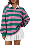 Trendy Queen Womens Striped Polo Shirts Oversized Sweatshirts Sweaters Long Sleeve Pullover Fashion Tops Outfits Clothes Pink L