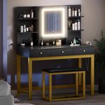 YITAHOME Makeup Vanity Desk Set with Mirror and Lights & Charging Station & Makeup Stool, 3 Drawers Vanity Table with 3 Hidden Storage Shelves for Bedroom (Ebony & Gold) 39.5" W, Upgraded