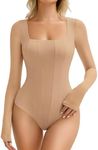 Avidlove Women's Long Sleeve Bodysuits Square Neck One Piece Body Suit Mesh Leotard Tops Double Lined Soft (Nude, XS)