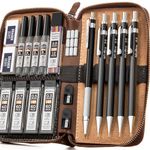 Nicpro 20PCS Black Metal Mechanical Pencil Set in Leather Case, 0.3, 0.5, 0.7, 0.9 mm & 2mm Lead Pencil Holders, (4B 2B HB 2H) Lead Refills (Black & Colors), Erasers For Art Drafting Sketching Drawing