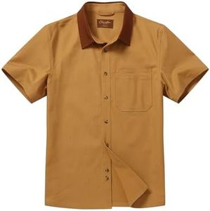 CHRONOLINE Men's Short Sleeve Button Up Shirt with Pocket Cotton Contrast Collar Spring Summer Outdoor Work Shirt for Men, Camel Brown, L