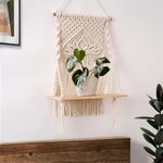 Decazone Macrame Indoor Wall Hanging Shelf Chic Decor Wood Floating Boho Shelves with Wooden Dowel Hand Woven Bohemian Decor for Apartment Dorm Bedroom Living Room Nursery Beige 40 x 25cm (Small)