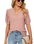 MGOOL Womens Tops Casual V Neck Tshirts Puff Sleeve Summer Tops Tunic Blouse Short Sleeve Tops for Women UK (Dark Pink M)