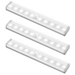 Criacr Motion Sensor Light Bar, (10 LED, 3 Pack) Battery Operated Wardrobe Light, Closet Night Light with Stick-On Magnetic Strip, Auto On/Off, for Wardrobe, Closet, Cabinet, Kitchen, Stairs, White