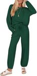 KIRUNDO Women's Fall 2 Piece Outfits Ribbed Knit Lounge Sets Long Sleeve Pullover Drawstring Jogger Pants Tracksuit Set(Dark Green, X-Large)