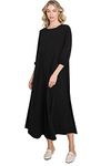 12 Ami Casual 3/4 Sleeve Loose Oversized T-Shirt Knit Lounge Maxi Dress - Made in USA, Black, X-Large