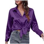 Satin Blouses for Women UK Silk Shirts Women Satin Blouse Button Down Shirt Casual Loose Long Sleeve Office Work Tunic Tops Purple