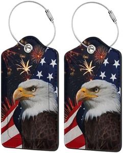 2 Pack Luggage Tags Travel American Flag Eagle PU Cute Leather Luggage Tag Name ID Labels with Privacy Cover Suitcases Women Men Girls Boys Fun Laggage Tags (American Eagle Flag)