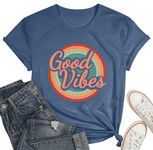 Women Good Vibes T-Shirt Rainbow Graphic Print Tee Shirts Summer Short Sleeve Tops