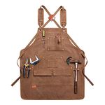 Heavy Duty Work Apron with 10 Tool Pockets - Woodworking Shop Adjustable Cross-Back Canvas Apron for Mechanic Garage Butcher (Brown)