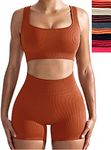 Seamless Ribbed Yoga Gym Workout Sets for Women 2 Piece, Cute Summer Crop Top and High Waist Leggings Matching Workout Set, Two Piece Workout Shorts Outfits (M, Dark Orange)