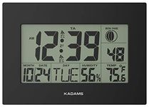 KADAMS Digital Wall Clock with Alarm, Seconds Counter, Snooze, Calendar Date Day, Indoor Temperature, Humidity, Moon Phase, Large Display, Shelf and Desk Clock Stand, Non Atomic, No Backlight - Black