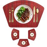 Immokaz Round Placemat for Dining Heat Insulation Stain Resistant Non-Slip Waterproof Washable Wipe Clean PU Fan Shape Wedge Kitchen Table Mat Set (4, Pu_Cherry Red)