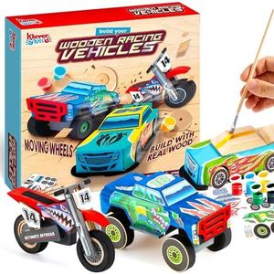 Klever Kits Kids Craft Kit Build & Paint Your Own Wooden Race Car Art & Craft Kit DIY Toy Make Your Own Car Truck Toy Construct and Paint Craft Kit, Christmas Gifts for Kids
