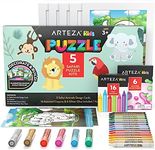 Arteza Kids Coloring Kit, 5 Safari Jigsaw Puzzles, 16 Crayons, 6 Tubes of Glitter Glue, 5 Frames, DIY and Screen-Free Kids’ Activities, Craft and Art Supplies for Ages 3 and Up