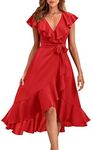 PRETTYGARDEN Women's 2023 Summer Wrap Maxi Dress Casual Boho Deep V Neck Short Sleeve Ruffle Hem Split Beach Long Dresses, Red, Large