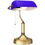 HOMCOM Banker's Table Lamp Desk Lamp with Antique Bronze Tone Base, Blue Glass Shade and Pull Rope Switch for Home Office, Living Room, Bedroom, Dining Room, Blue