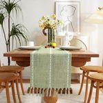 Wracra Rustic Linen Table Runner Farmhouse Style Table Runners 36 inches Long Embroidered Table Runner with Hand-Tassels for Party, Dresser Decor and Dining Room Decorations (Sage Green, 13"×36")