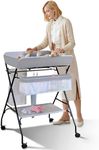 Suicune Baby Changing Table Portable Folding Diaper Changing Station with Wheels, Adjustable Height Mobile Nursery Organizer with Safety Belt and Large Storage Racks for Newborn Baby and Infant