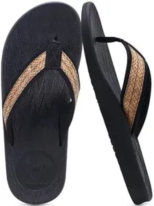 KuaiLu Mens Flip Flops Arch Support Orthotic Orthopedic Plantar Fasciitis Comfortable Waterproof Open Toe Summer Beach Leather Thong Sandals Cushion Slip on Slippers Wood Like Fabric Black Size 13