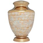 Mother of Pearl Hand Made Brass Funeral Urn - Cremation Urn for Human Ashes - Suitable for Cemetery Burial or Niche - White and Gold - Large Size fits Remains of Adults up to 200 lbs