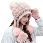 TopiBaaz Women Winter Hat Scarf with Gloves Set for Girls Cute Fur Woolen Warm Hooded Beanie Cap (Pink)