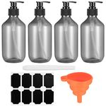 4 Pcs 300ml Pump Dispenser Bottles, Refillable Empty Soap Lotion Dispenser Pump Bottles, Shampoo and Conditioner Liquids Dispenser with Pump for Bathroom, with Funnel and Sticker (Transparent black)