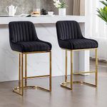 Wahson Breakfast Bar Stools Set of 2 Velvet Counter Chairs with Backrest & Golden Base, Kitchen Bar Chairs Counter Stools for Home Bar, Black