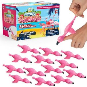 PICK A TOY 36 Pcs Flamingo Party Favors Toys for Kids - Bird Shooter Game Finger Flicker- Tropical Themed Decorations - Treasure Chest for Kids Prizes, Flying Chicken Slingshot