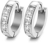 FIBO STEEL 13MM Stainless Steel Small Hoop Earrings for Men Women Huggie Earrings CZ Inlaid Silver-Tone ¡­