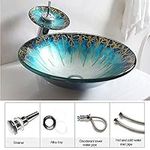 APENCHREN Countertop Basin Sink,Blue And Gold Pattern Glass Vessel Sink,Bathroom Countertop Tempered Glass Basin Sink,Tempered Glass Bowl Mounted,B