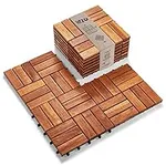 Idzo Interlocking Deck Tiles - 10PCS Waterproof Acacia Wood Patio Tiles, Flooring Tiles for Both Indoor and Outdoor - Decking Checker Pattern, 12 x 12 x 0.9 Inches, Golden Teak