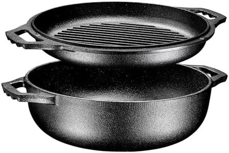 Bruntmor 2-in-1 Enameled Cast Iron Cocotte Double Braiser Pan with Grill Lid 3.3 Quarts - Barbecue Grill Non Stick Frying Pan - Casserole Cookware Wide Handle (Grey)