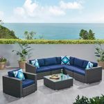 DEVOKO HDPE Wicker Rattan 4-Piece Outdoor L-Shape Sectional Sofa Set with Chair and Glass Top Center Table for Patio, Garden, Deck, Lawn, Backyard, Terrace (Dark Brown & Navy Blue)