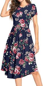 DEARCASE Robe Femme Ete Casual Robe Manches Courtes Chic Imprimé Florale Robes Col Rond Mi-Longue Elégante Plissé avec Poches