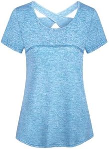 Kimmery Short Sleeve Tops for Women, Skin Friendly Work Out Basketball Baseball Football Tennis Shirt Stretchy Knitted Gym Short Sleeve Wear Light Blue L