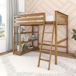 Max & Lily Full Size High Loft Bed with Bookcase, Pecan, Solid Wood Modern Bed Frame for Kids/Teens, Pine, Non-Toxic Finish, 400 lb. Weight Capacity, Easy Assembly