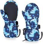 HIGHCAMP Winter Snow Ski Mitten Gloves Waterproof with Zipper on Long Cuff for Kids Toddlers Boy Girl-Dino,XS (1-3 Y)