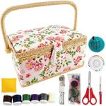 NROZIET Sewing Basket for Sewing Supplies, Wooden Sewing Kit Storage Box with Accessories, Vintage Sewing Kits Carrying Organizer with Handle for Embroidery, DIY Supplies, Beginner, Professional