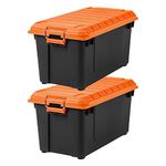 IRIS USA 77.6 L (20.5 US Gal.) WEATHERPRO Plastic Storage Boxes, 2-Pack, Heavy-Duty Utility Storage Totes with Durable Lid and Secure Latching Buckles for Garage and Outdoor, Black/Orange