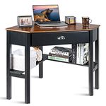 KOTEK Corner Desk with Drawer and Shelves, Wooden Home Office Desk Triangle Computer Desk, Writing Study Desk Computer Workstation, Makeup Vanity Table (Coffee & Black)