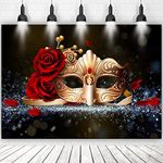 Masquerade Party Backdrops Golden Mask Red Rose Backdrop for Fiesta Mardi Gras Event Dance Photo Background Birthday Studio Photo Video Shoot Props (Vinyl-8x6ft)