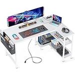 ODK White Computer Desk with Power Outlets, L Shaped Gaming Desk 48 Inch Reversible Storage Shelves & PC Stand for Home Office, Writing Study Work Table with Storage Bag for Small Space